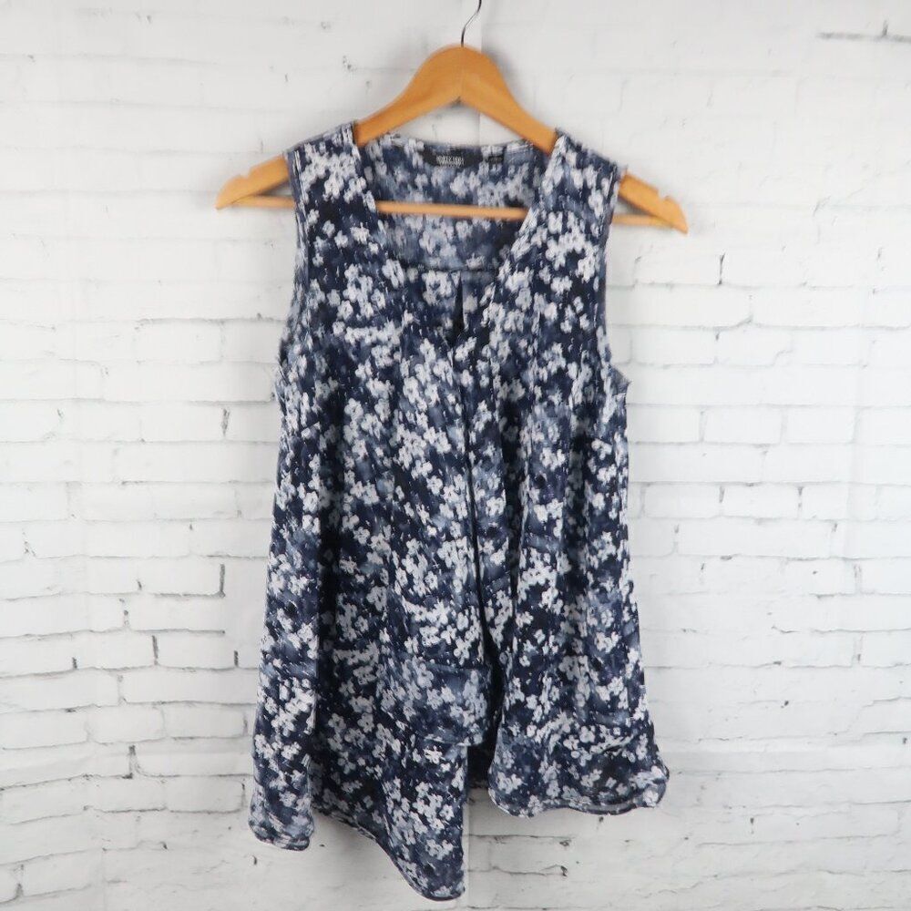SIMPLY VERA VERA WANG SLEEVELESS V NECK BLUE & WHITE FLORAL FLOWY TOP SIZE SMALL
